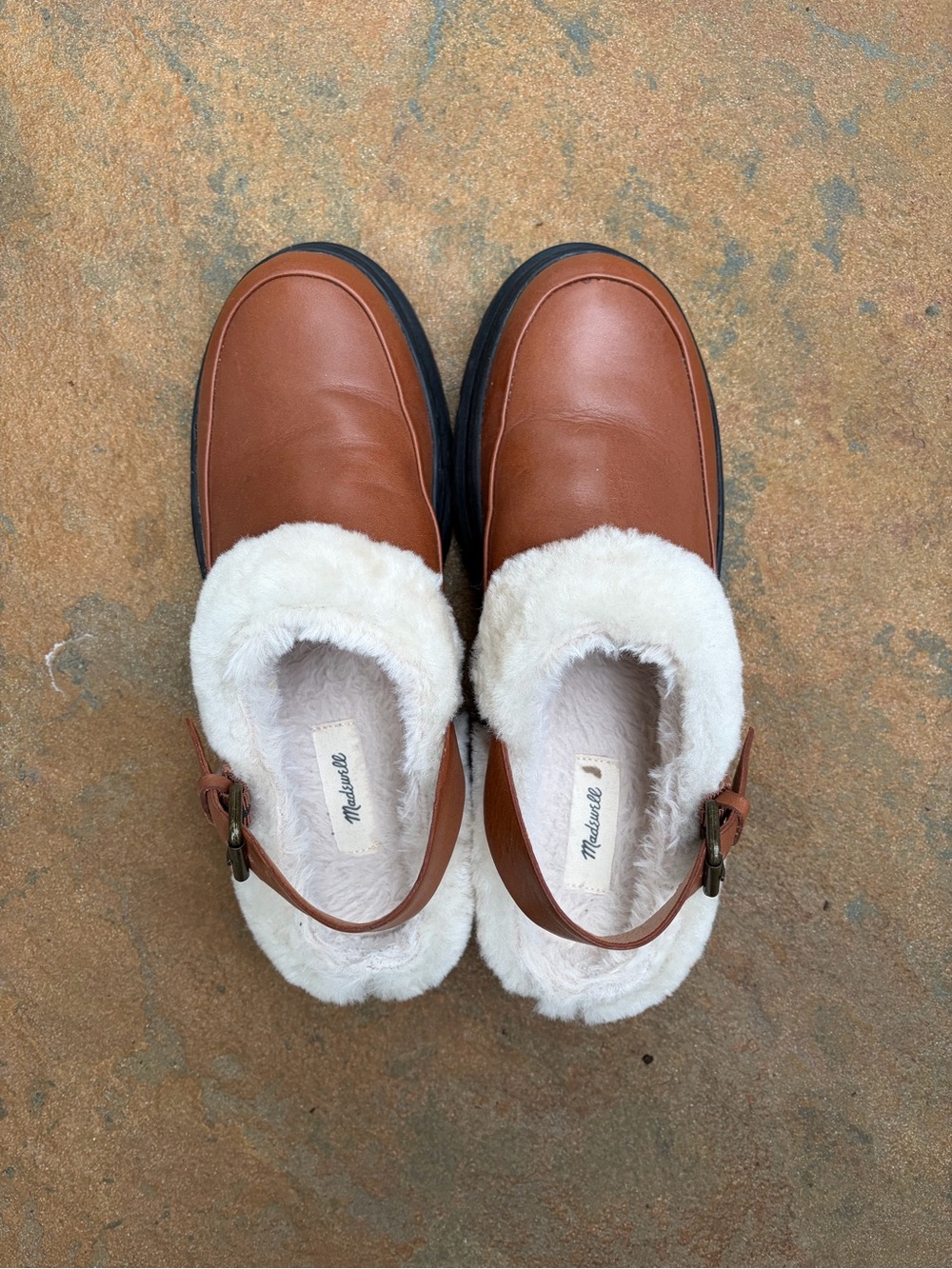 Madewell Cozy Faux-Fur Trim Brown Leather Clogs